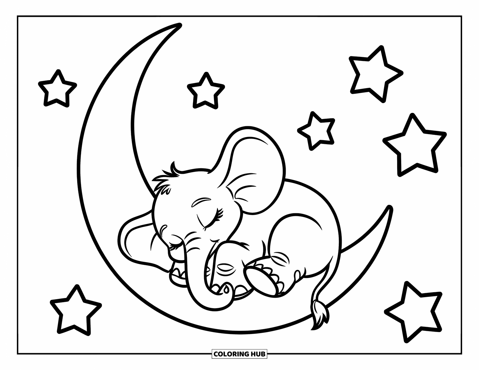 Kolorowanka ze słoniem dla dzieci: Słonik zwija się w kłębek na księżycu w kształcie rogalika z gwiazdami rozsianymi po niebie