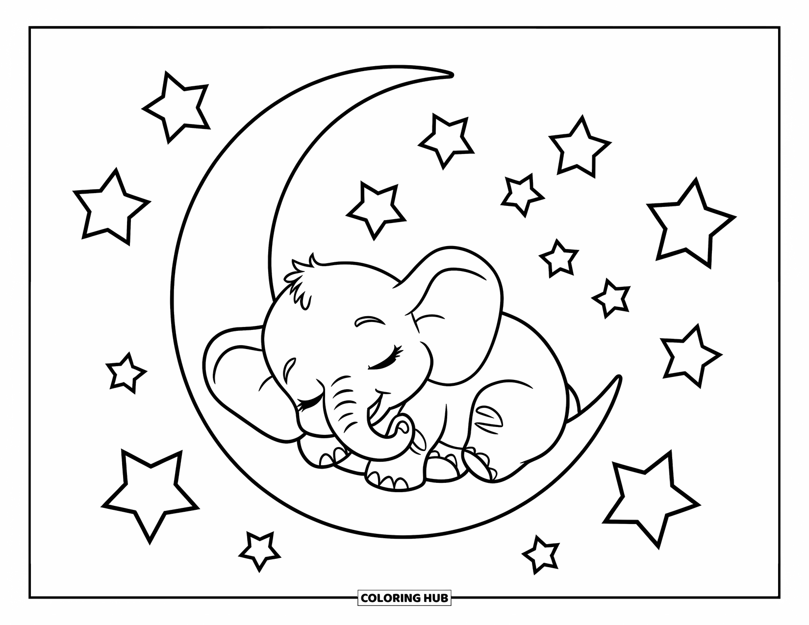 Kolorowanka ze słoniem dla dzieci: Słonik śpi na księżycu w kształcie rogalika, otoczony gwiazdami w spokojną noc