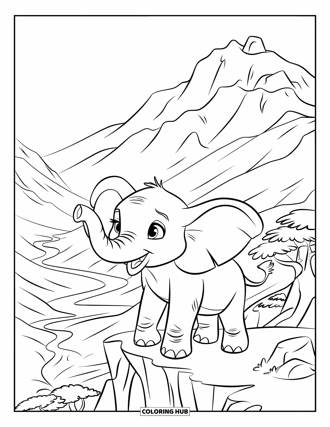 Kolorowanka ze słoniem dla dzieci: Słonik stoi na szczycie góry, spoglądając na wijącą się w dole rzekę