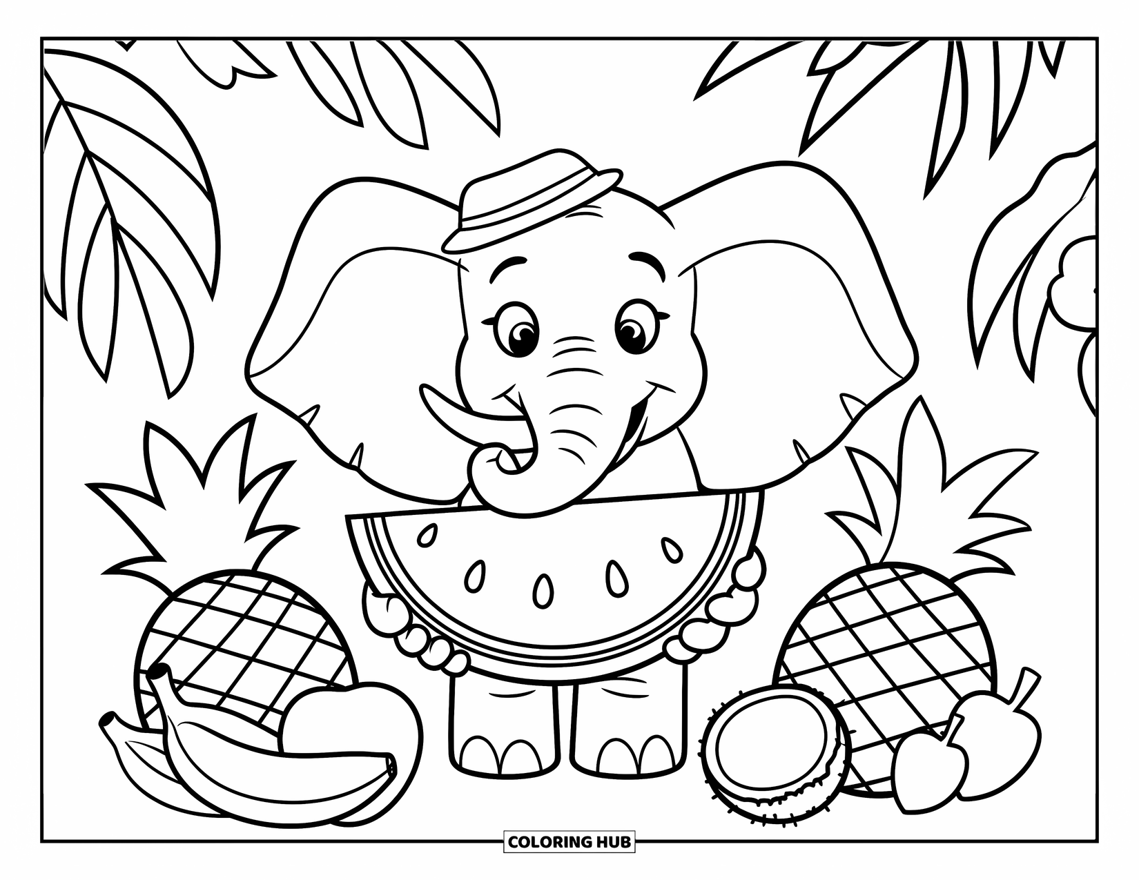 Kolorowanka ze słoniem dla dzieci: Radosny słoń trzyma plaster arbuza, otoczony tropikalnymi owocami