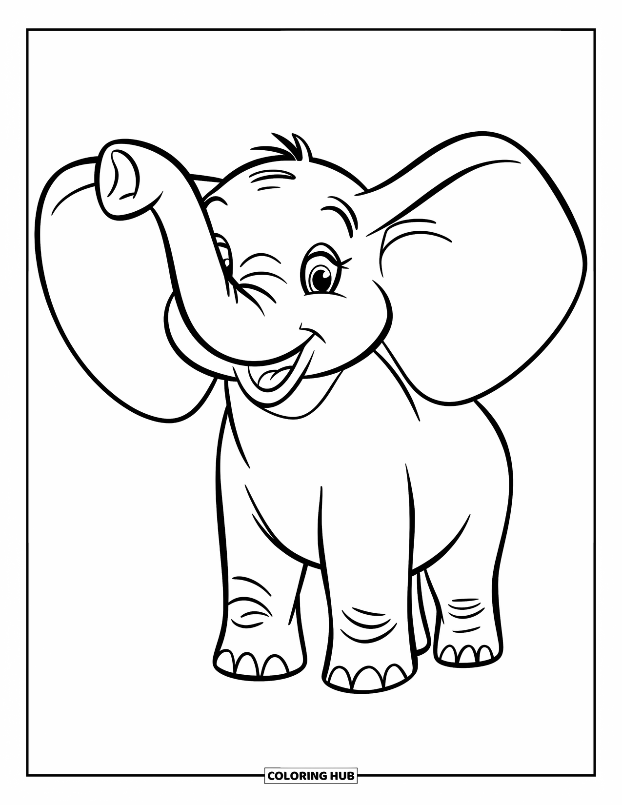 Kolorowanka ze słoniem dla dzieci: Radosny słoń macha trąbą w prostym, radosnym geście
