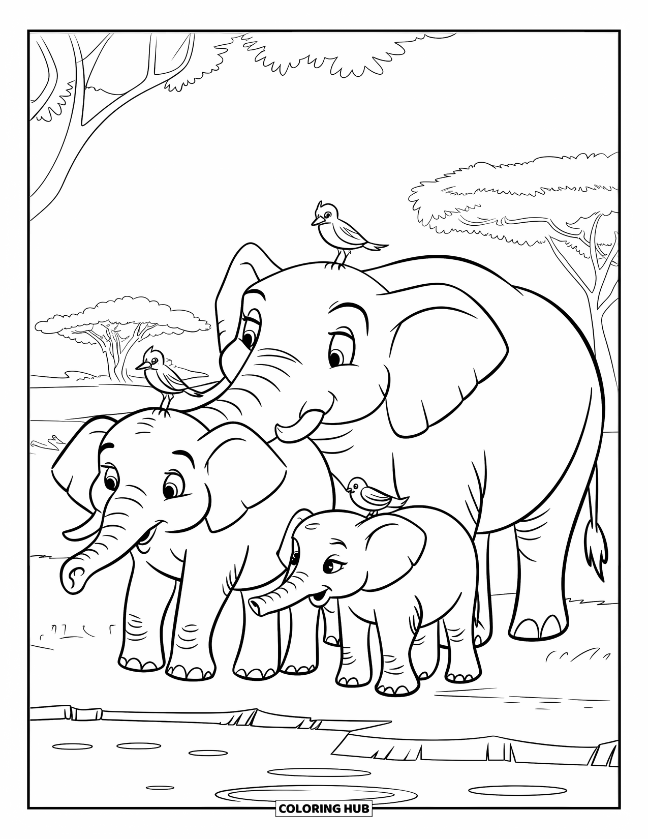 Kolorowanka ze słoniem dla dzieci: Rodzina słoni zbiera się przy wodopoju, otoczona drzewami i naturą