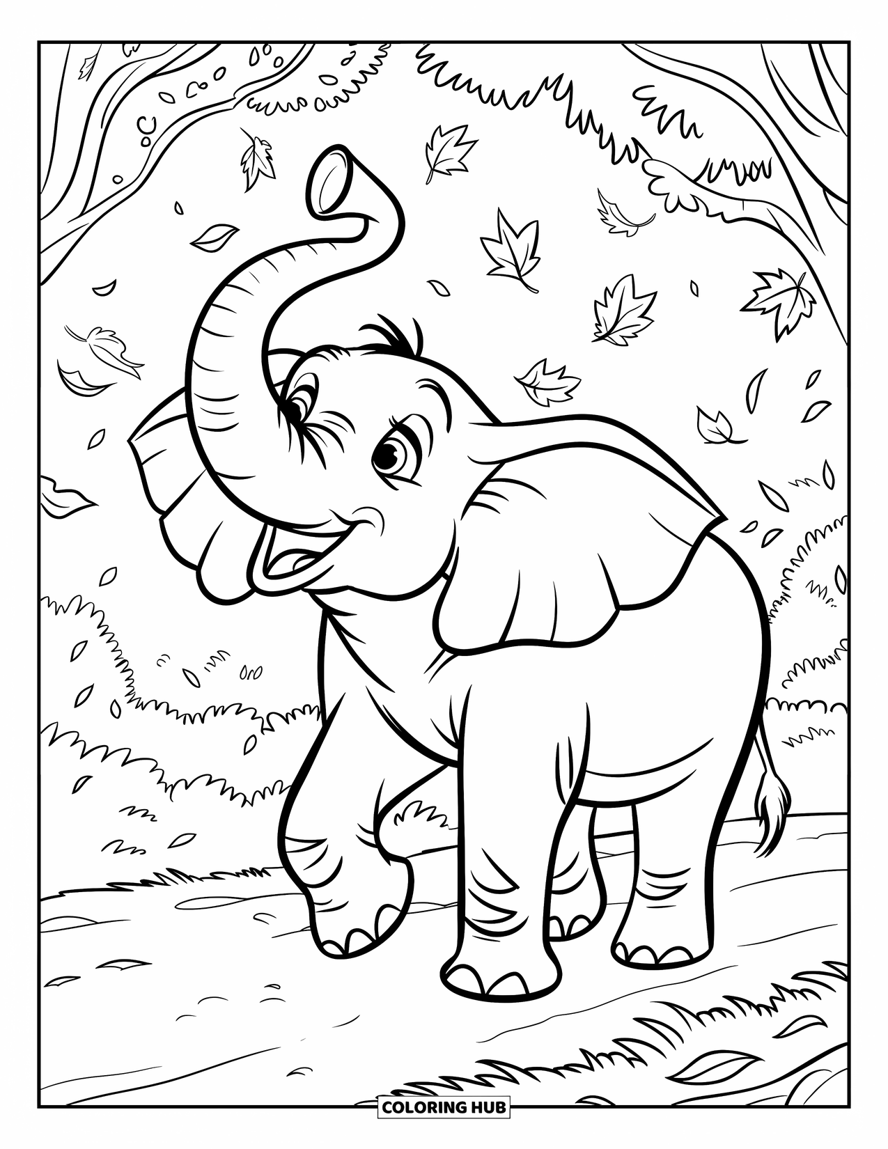 Kolorowanka ze słoniem dla dzieci: Potężny słoń głośno trąbi, z trąbą uniesioną wysoko wśród spadających liści