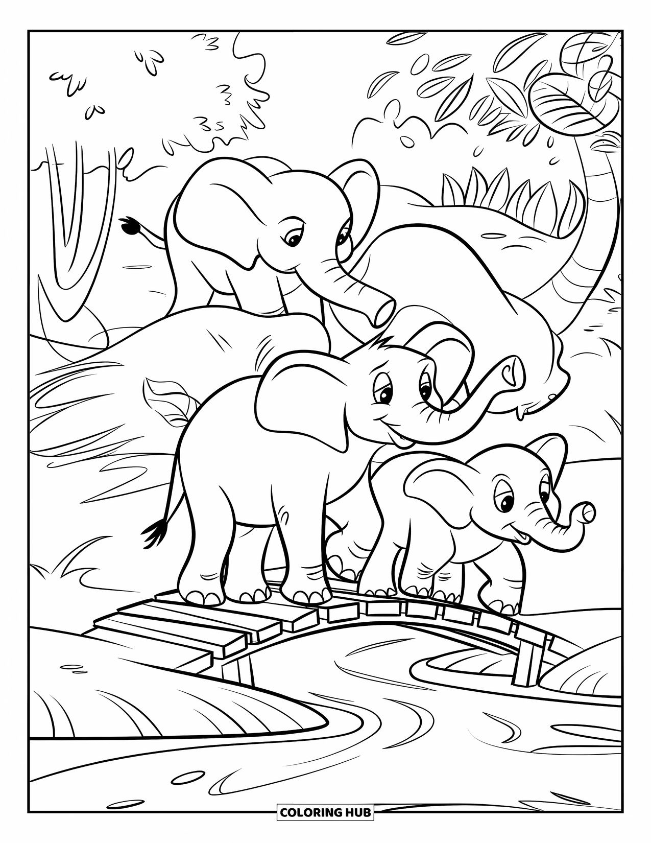 Kolorowanka ze słoniem dla dzieci: Grupa słoni przechodzi przez drewniany most nad spokojnym strumieniem w dżungli