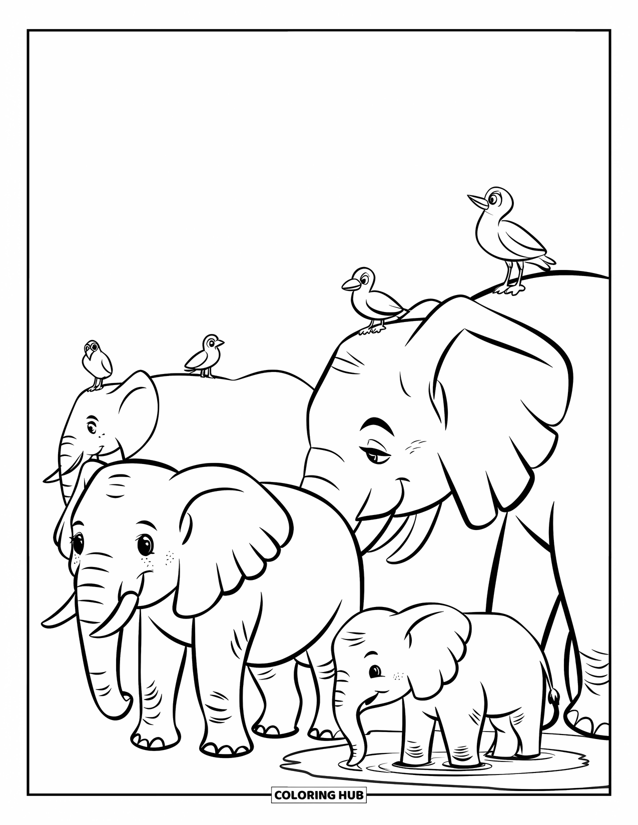 Kolorowanka ze słoniem dla dzieci: Grupa słoni zbiera się w pobliżu wodopoju, z ptakami siedzącymi na ich grzbietach