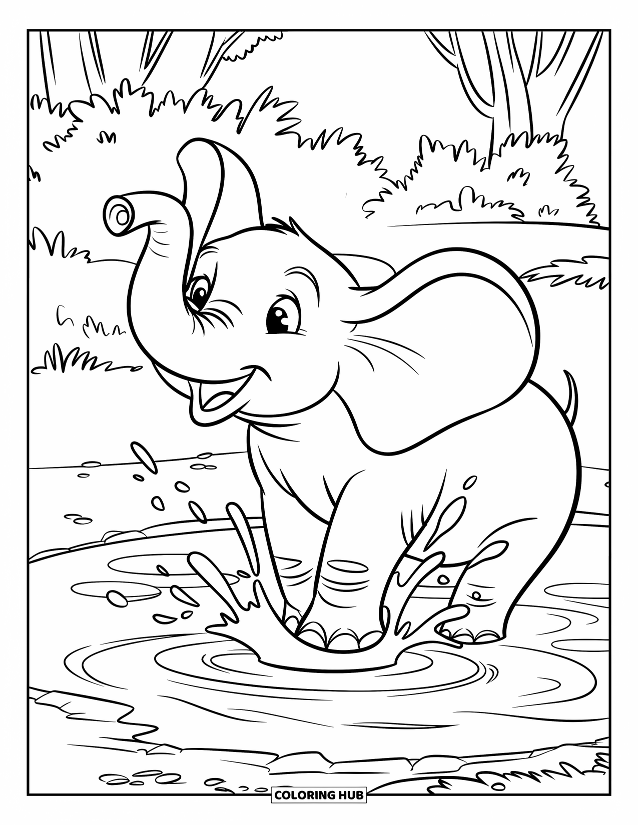 Kolorowanka ze słoniem dla dzieci: Radosny słoń podnosi trąbę, radośnie chlapiąc wodą w powietrze