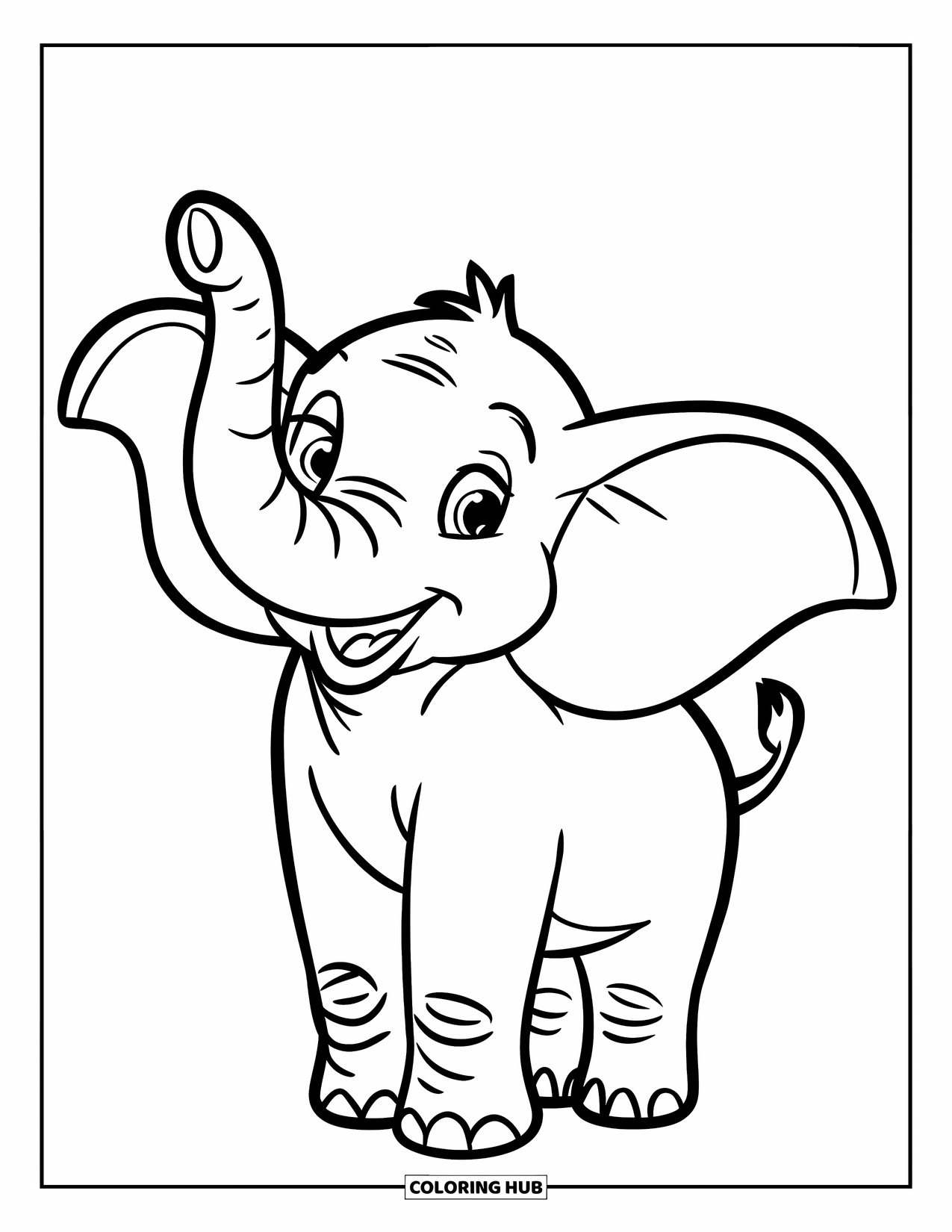 Kolorowanka ze słoniem dla dzieci: Radosny słoń macha trąbą, stojąc radośnie w minimalistycznej i jasnej scenerii