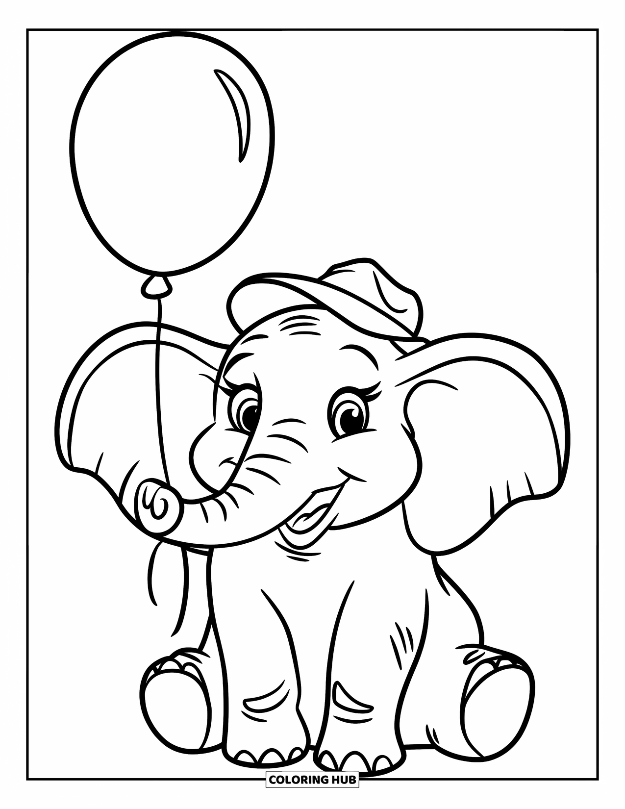 Kolorowanka ze słoniem dla dzieci: Radosny słoń siedzi, trzymając jeden balon, nosząc mały, przekrzywiony kapelusz