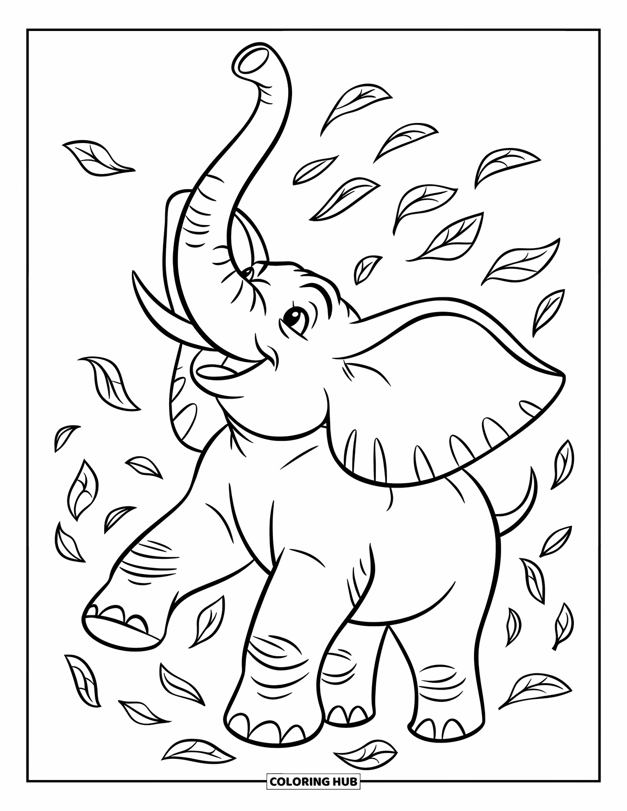 Kolorowanka ze słoniem dla dzieci: Dostojny słoń trąbi dumnie, otoczony wirującymi jesiennymi liśćmi