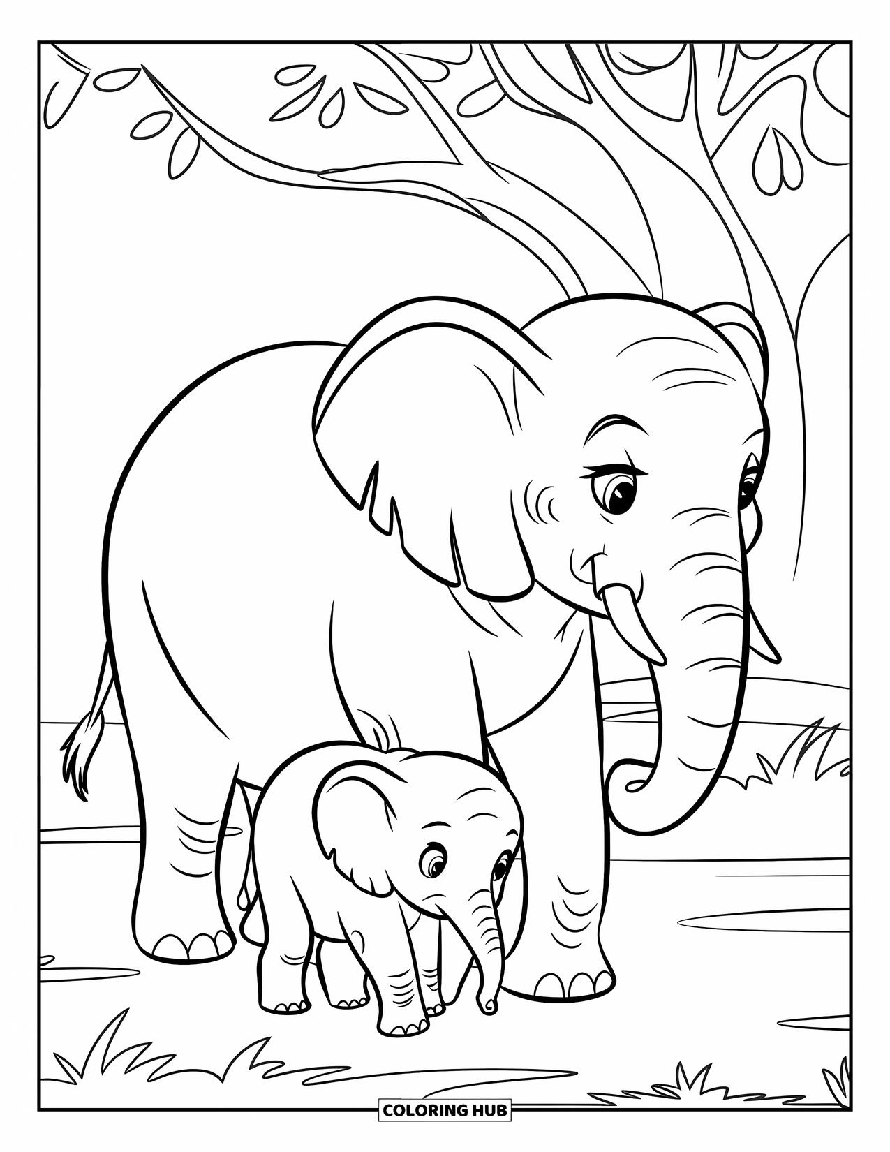 Kolorowanka ze słoniem dla dzieci: Mama słonica i jej dziecko idą razem w prostej scenerii dżungli