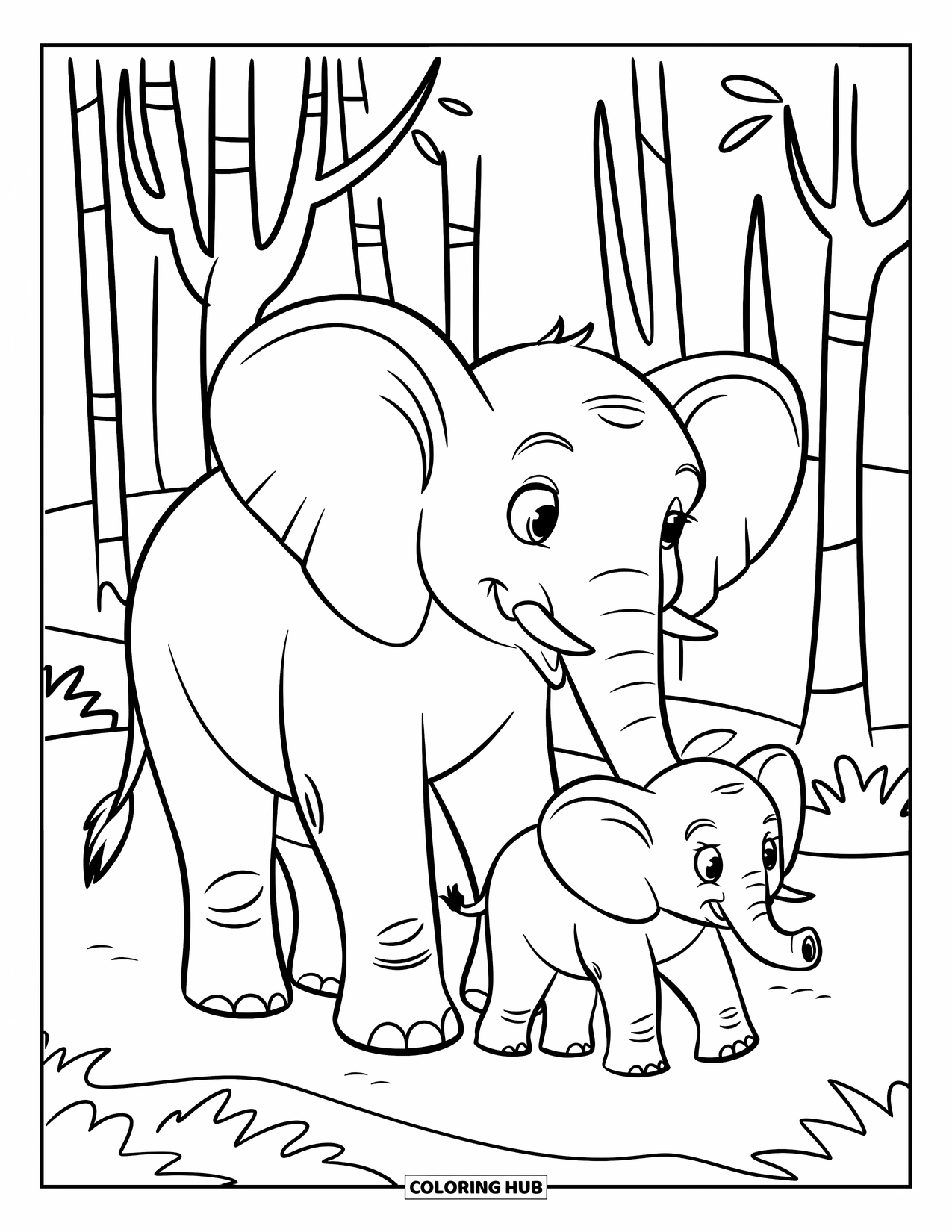 Kolorowanka ze słoniem dla dzieci: Mama słonica delikatnie trzyma za ogon swoje dziecko, idąc przez bujną dżunglę