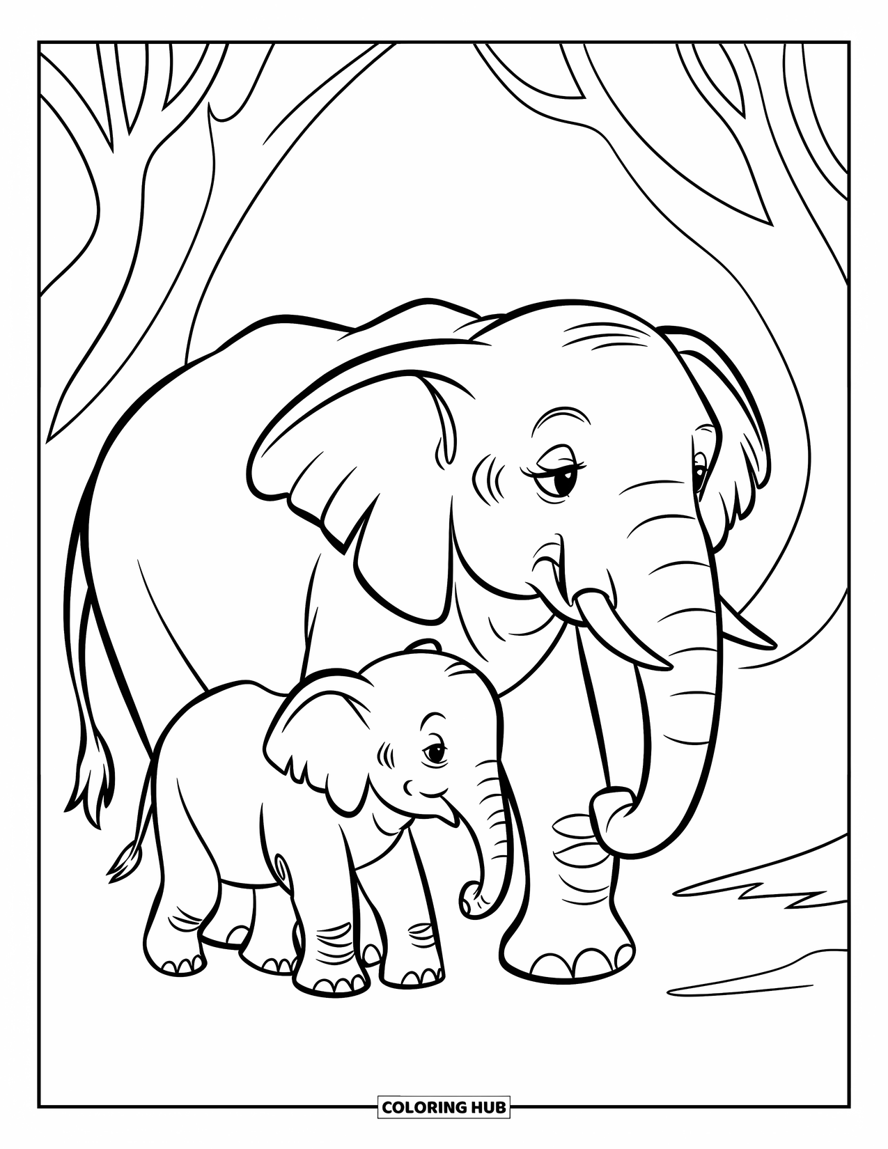 Kolorowanka ze słoniem dla dzieci: Mama słonica idzie ze swoim dzieckiem, owijając trąbę wokół szyi malucha