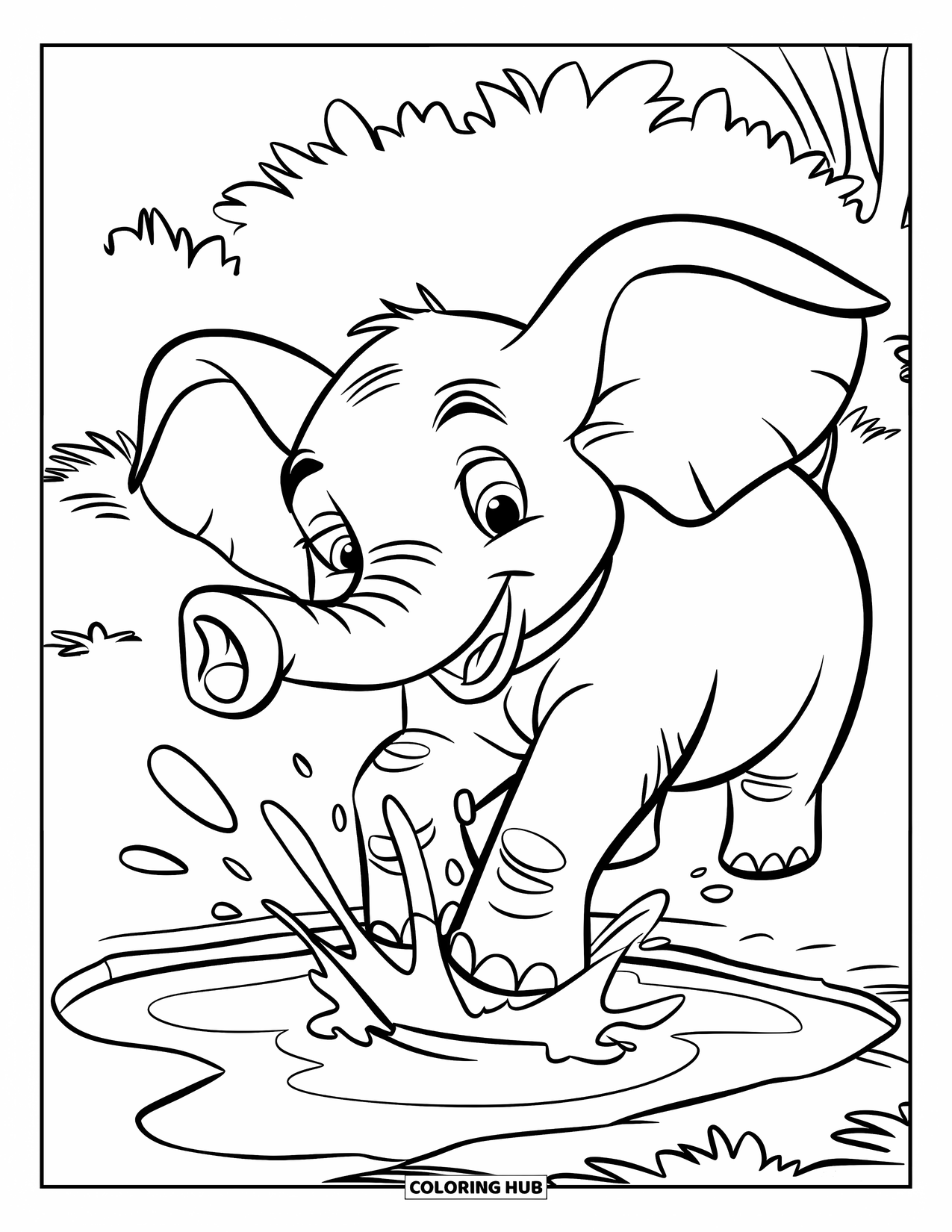 Kolorowanka ze słoniem dla dzieci: Figlarny słoń chlapię wodą ze stawu, ciesząc się chłodną bryzą