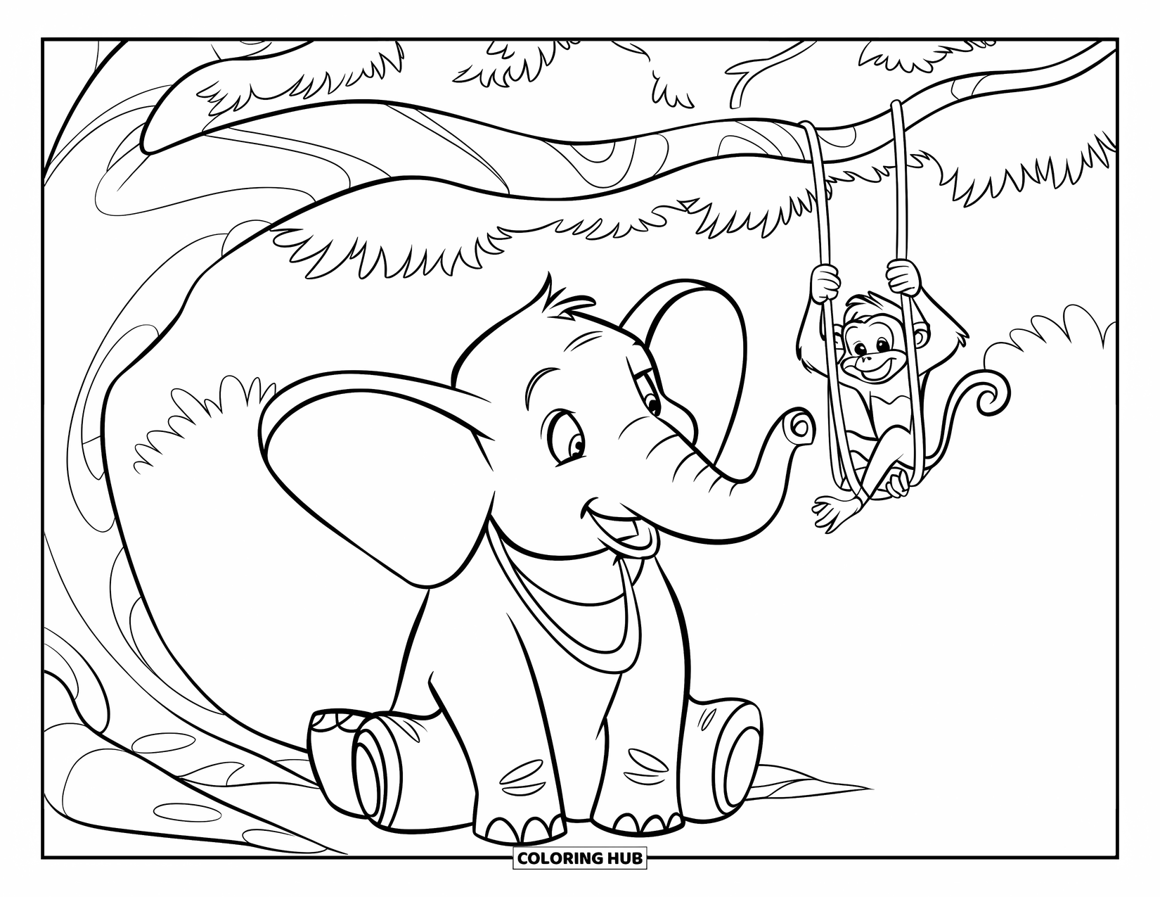 Kolorowanka ze słoniem dla dzieci: Figlarna małpka huśta się nad słoniem siedzącym spokojnie pod dużym drzewem