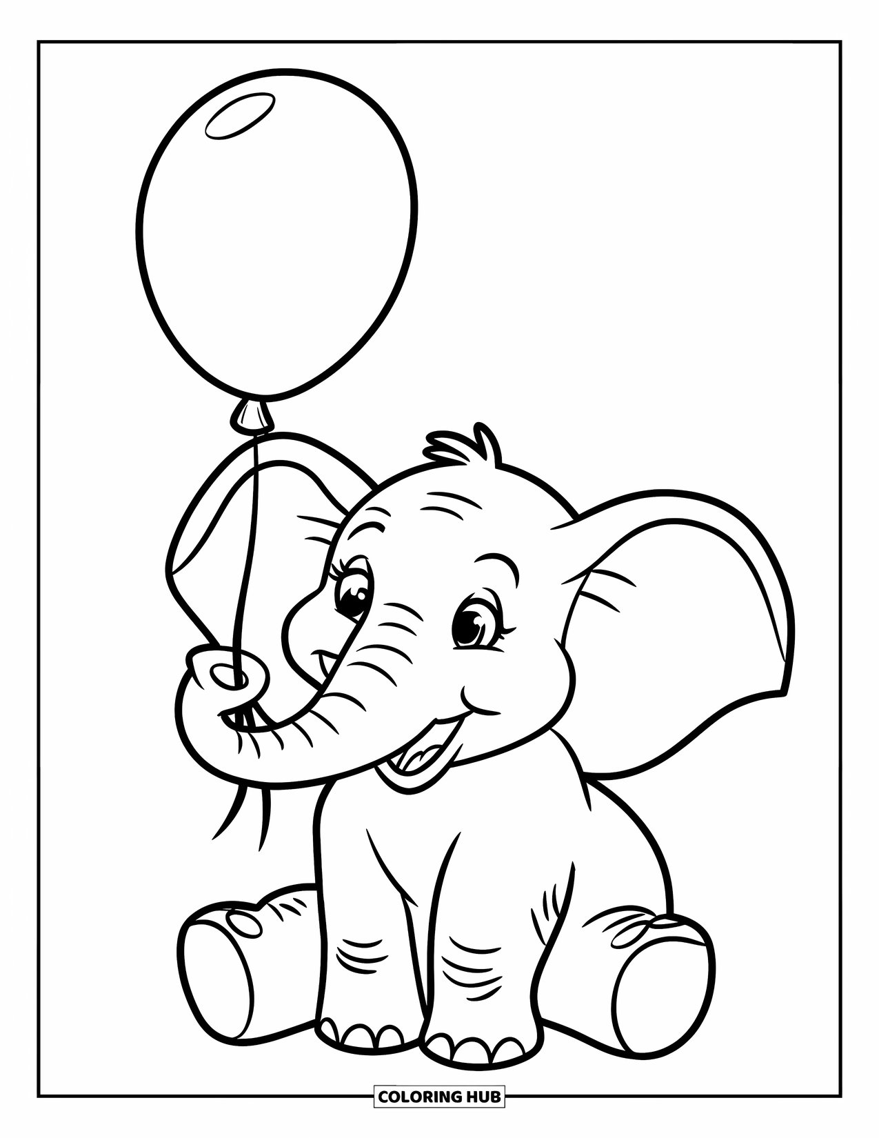Kolorowanka ze słoniem dla dzieci: Uśmiechnięty słoń siedzi, trzymając balon z wstążką w uroczym geście