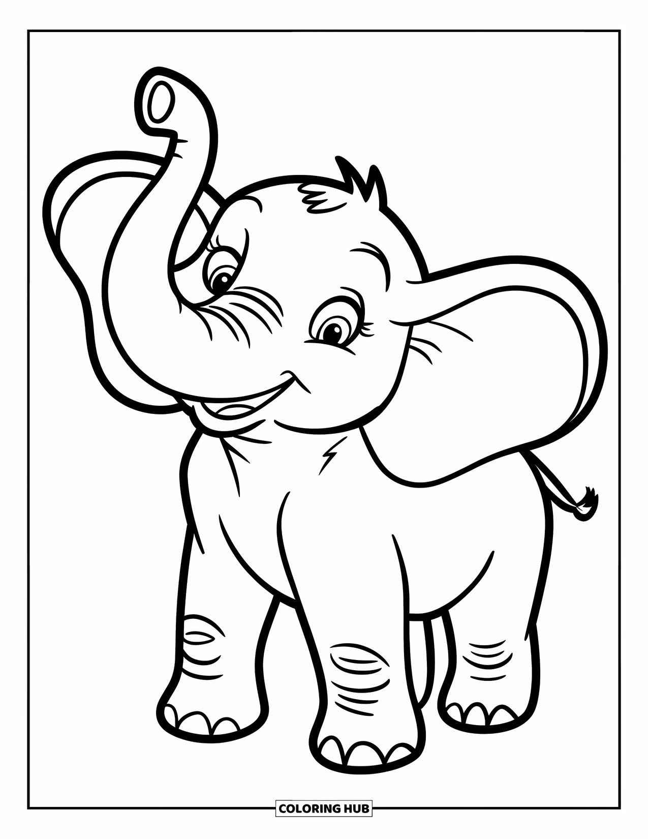 Kolorowanka ze słoniem dla dzieci: Uśmiechnięty słoń macha trąbą w prostym, zabawnym projekcie dla młodych odbiorców