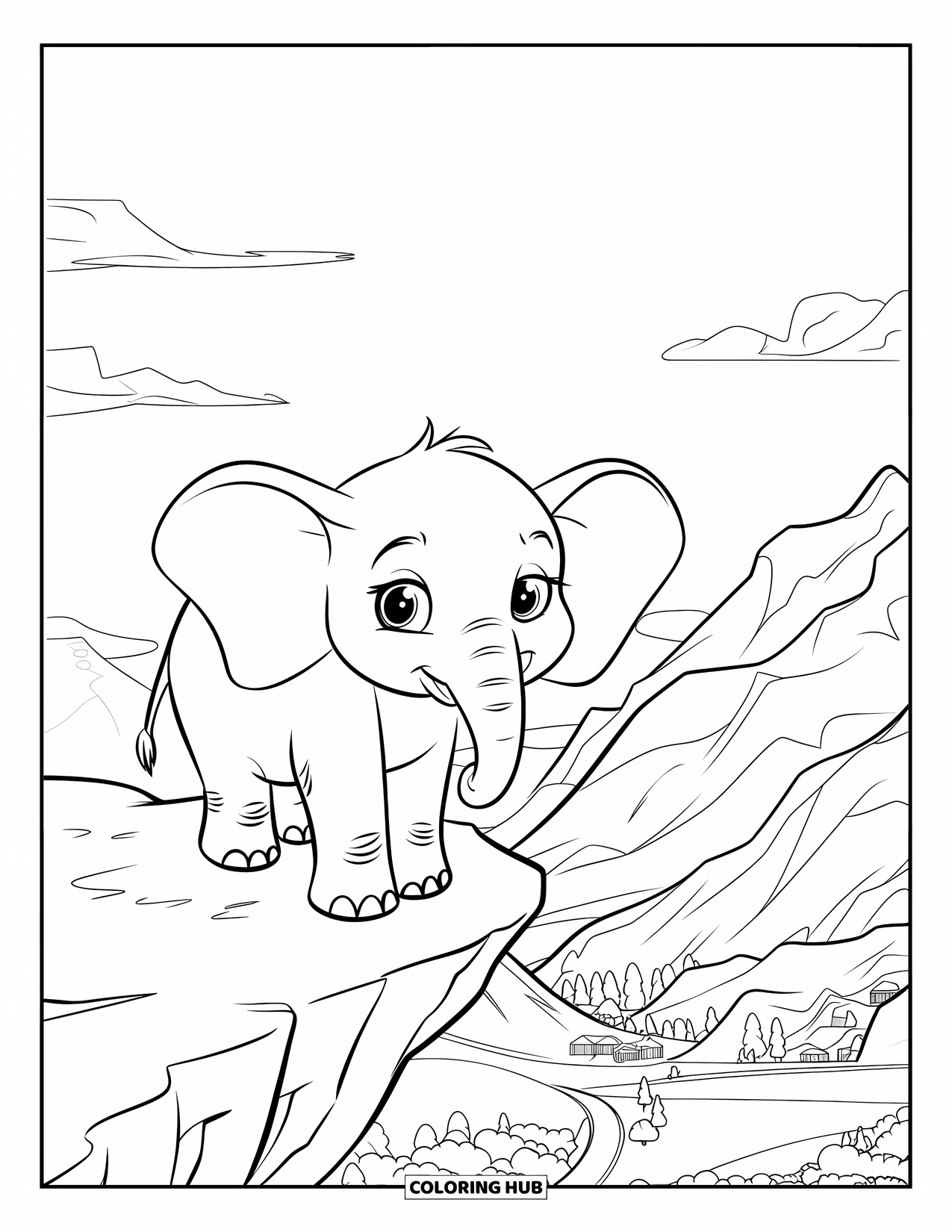 Kolorowanka ze słoniem dla dzieci: Młody słoń spogląda na dolinę, stojąc wysoko na grzbiecie góry