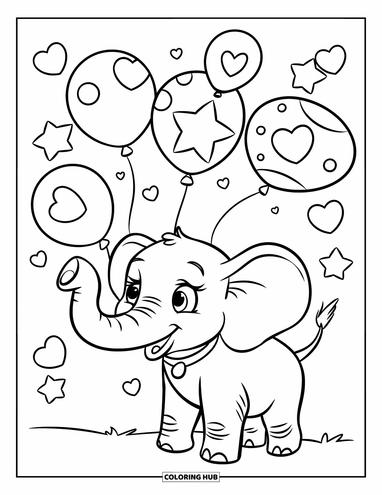 Kolorowanka ze słoniem dla dzieci: Młody słoń radośnie bawi się unoszącymi się balonami o różnych kształtach