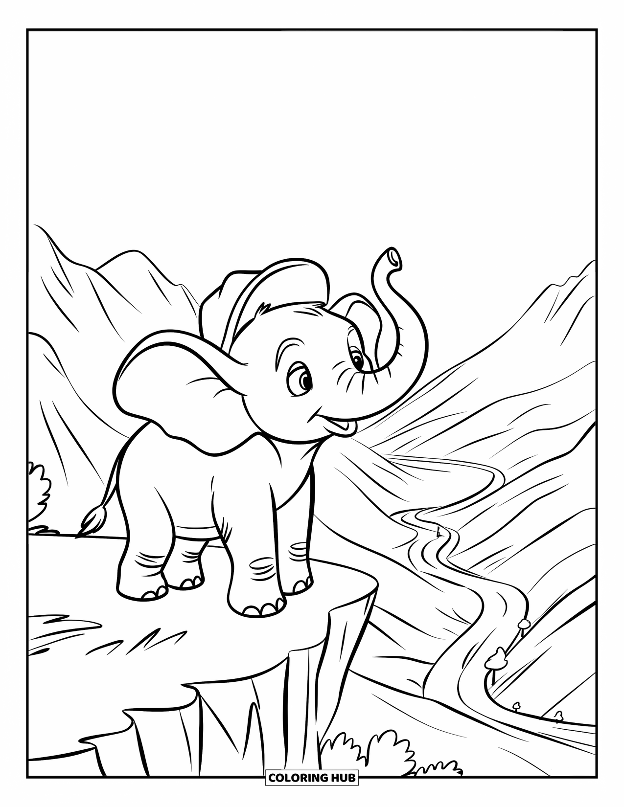 Kolorowanka ze słoniem dla dzieci: Młody słoń stoi na grzbiecie góry, spoglądając na rozległą dolinę poniżej