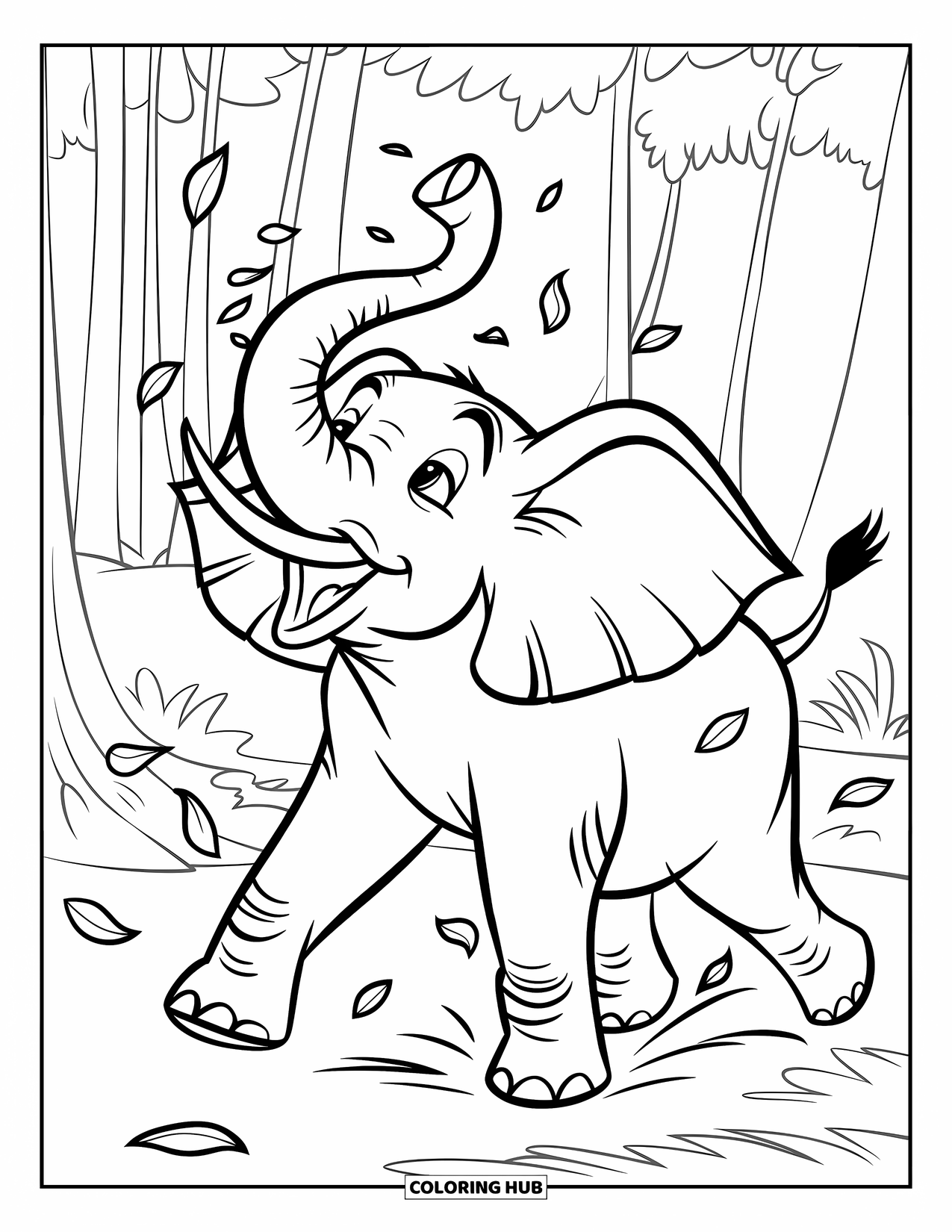 Kolorowanka ze słoniem dla dzieci: Słoń woła, podnosząc trąbę, gdy złote liście tańczą w powietrzu