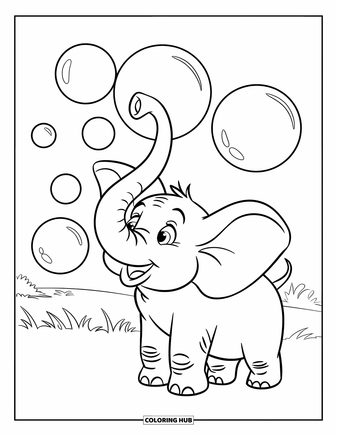 Kolorowanka ze słoniem dla dzieci: Słoń radośnie puszcza bańki na trawiastym polu z drzewami w tle
