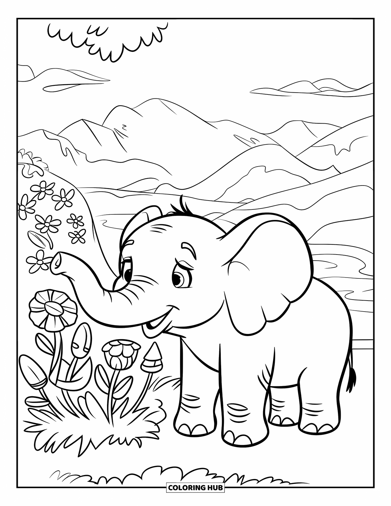 Kolorowanka ze słoniem dla dzieci: Słoń radośnie wącha kępę kwiatów, otoczony kolorowymi kwiatami