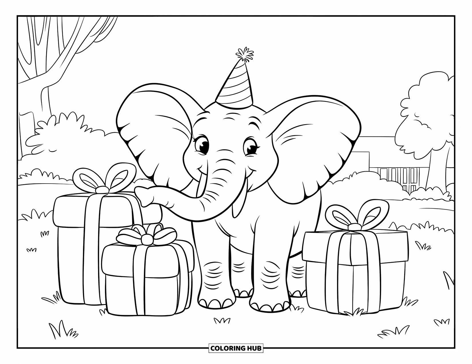 Kolorowanka ze słoniem dla dzieci: Słoń w czapeczce urodzinowej stoi na trawiastym polu, otoczony prezentami i drzewami