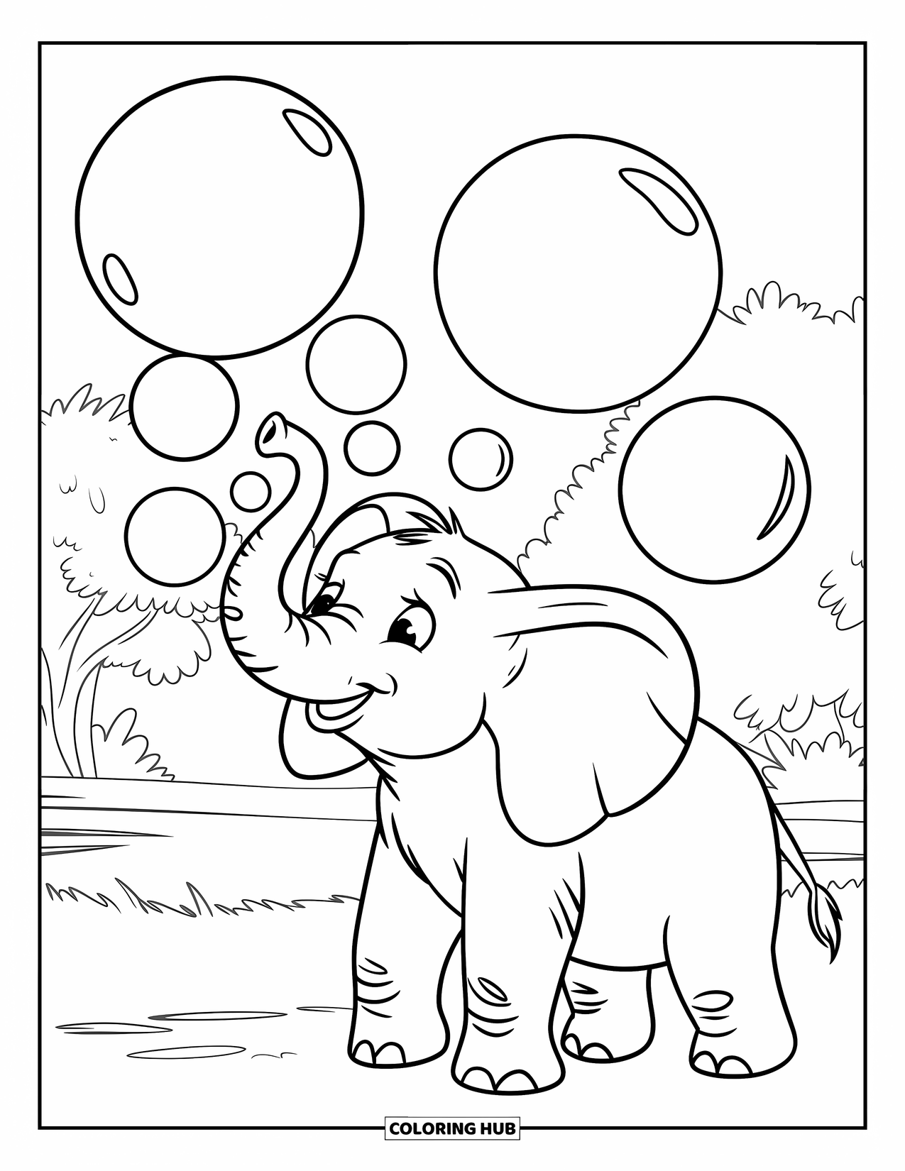 Kolorowanka ze słoniem dla dzieci: Słoń radośnie puszcza bańki trąbą na spokojnym trawiastym polu