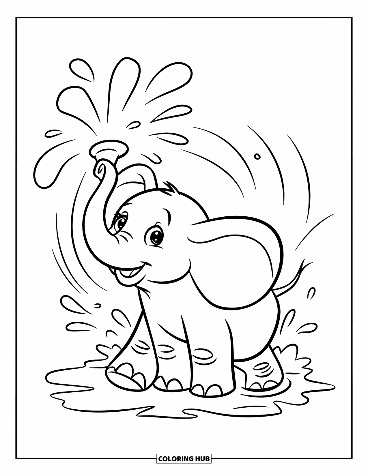 Kolorowanka ze słoniem dla dzieci: Słoń radośnie pryska wodą, otoczony pluskami w żywej, energicznej scenie