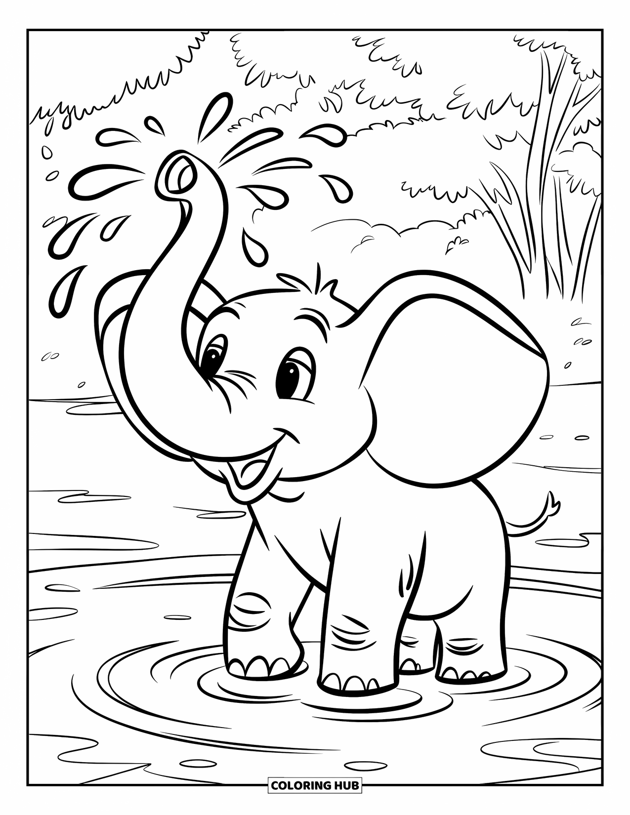 Kolorowanka ze słoniem dla dzieci: Słoń bawi się w stawie, pryskając wodą, otoczony bujnym lasem