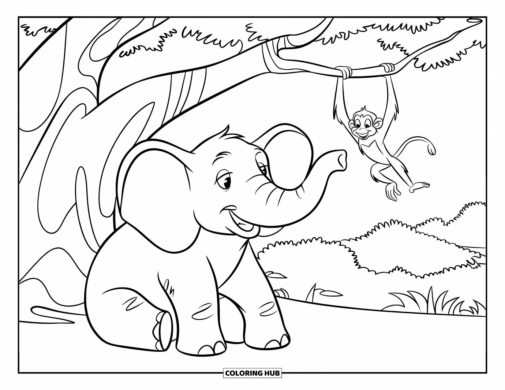 Kolorowanka ze słoniem dla dzieci: Słoń relaksuje się pod drzewem, a psotna małpka huśta się na gałęzi