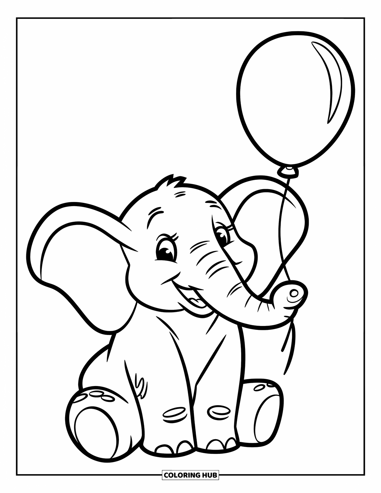 Kolorowanka ze słoniem dla dzieci: Słoń siedzi zadowolony, trzymając czerwoną balon w radosnej scenerii