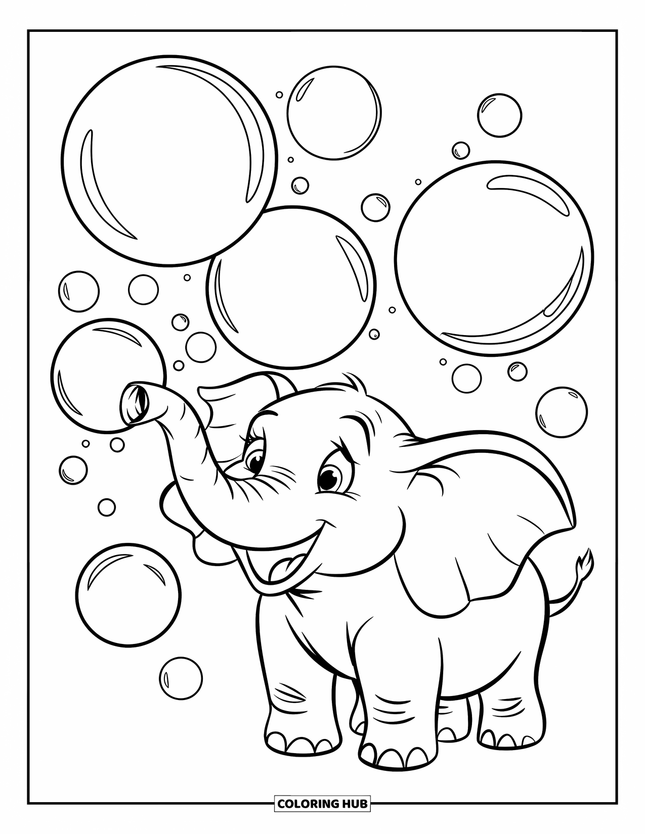 Kolorowanka ze słoniem dla dzieci: Słoń szeroko się uśmiecha, puszczając bańki, otoczony unoszącymi się kulami