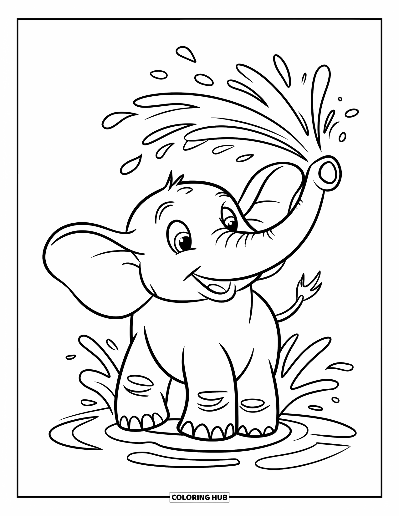 Kolorowanka ze słoniem dla dzieci: Słoń radośnie pryska wodą trąbą, rozpryskując krople w powietrze