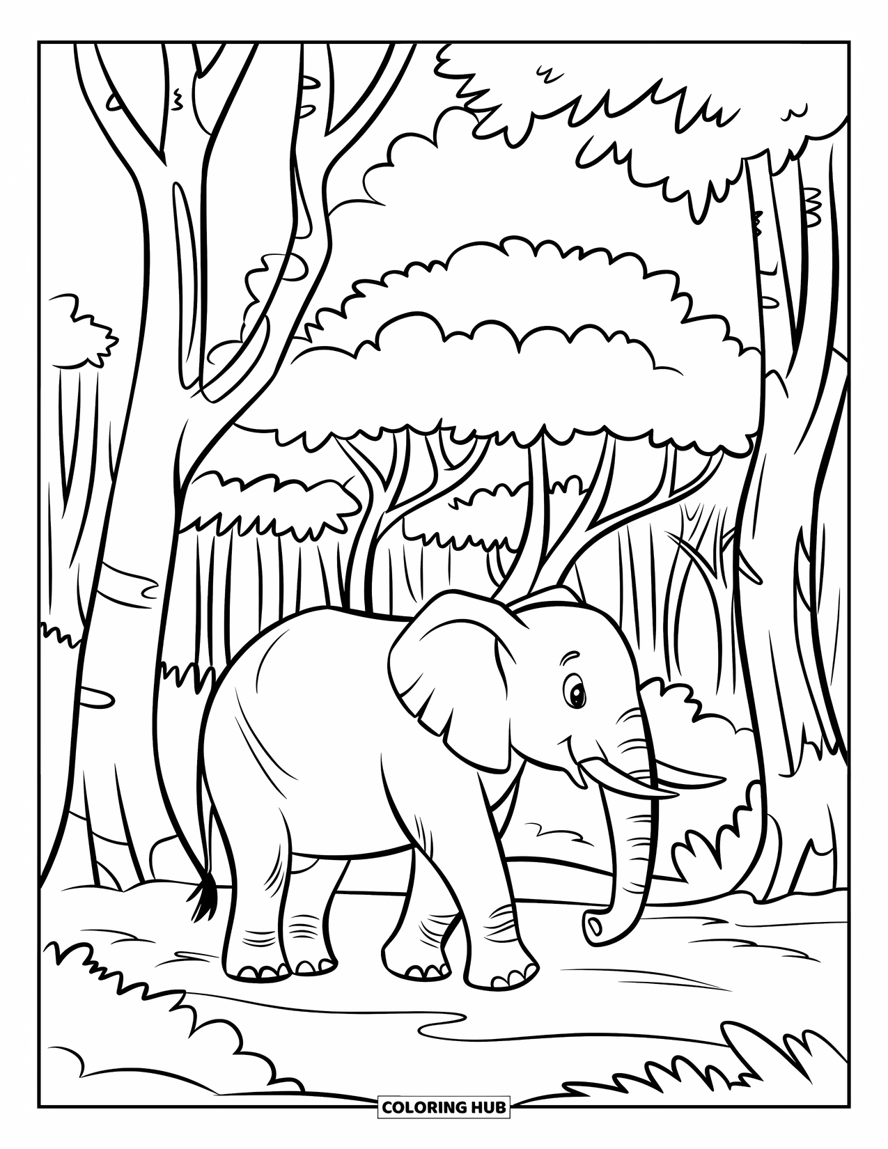 Kolorowanka ze słoniem dla dzieci: Słoń idzie polną ścieżką w dżungli pełnej wysokich drzew