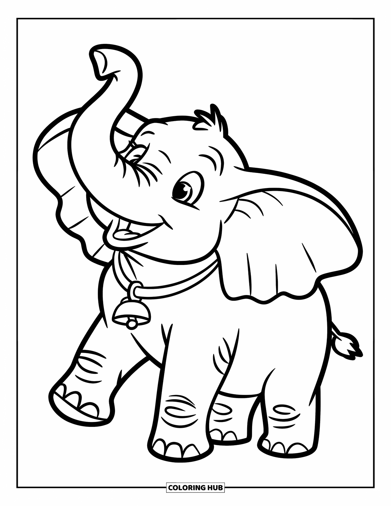 Kolorowanka ze słoniem dla dzieci: Słoń macha trąbą, nosząc obrożę z małym dzwoneczkiem