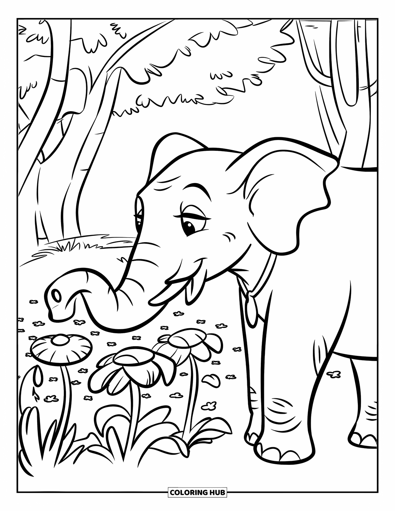 Kolorowanka ze słoniem dla dzieci: Słoń w naszyjniku z ciekawością bada kępę kwitnących kwiatów