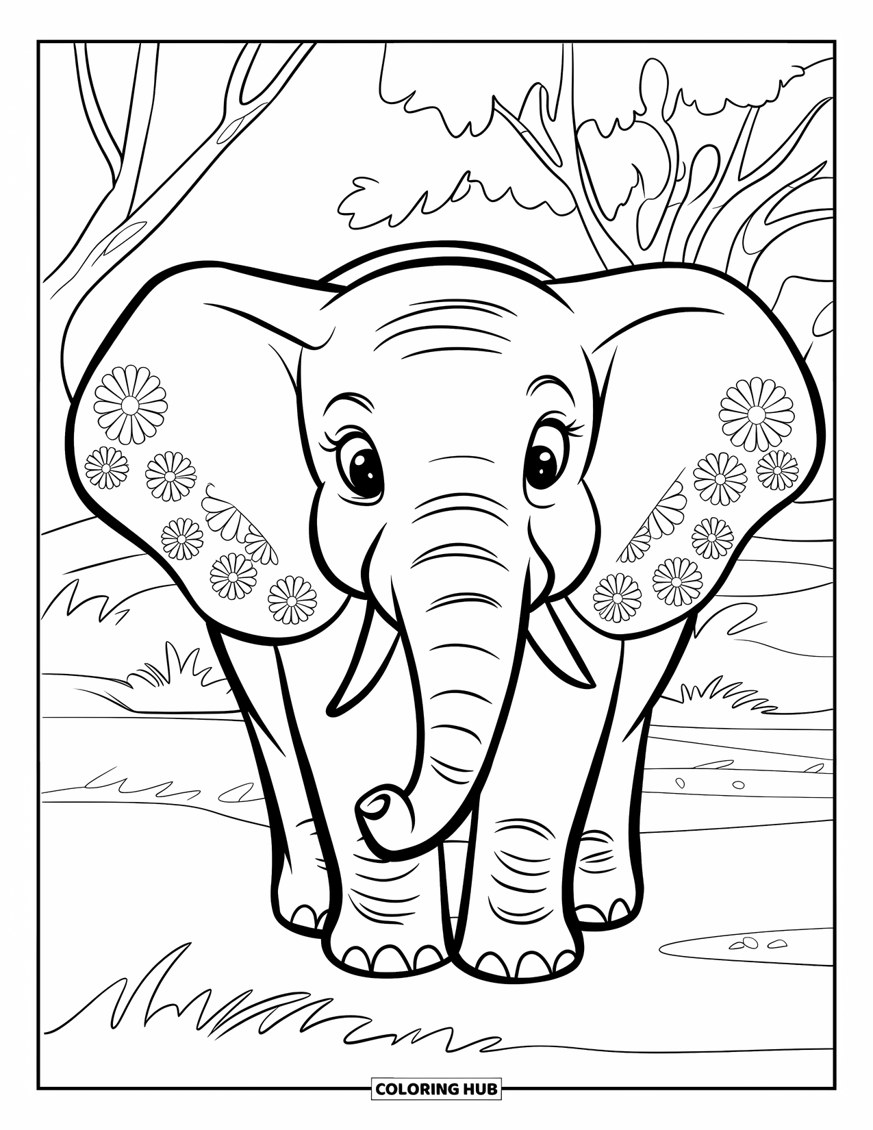 Kolorowanka ze słoniem dla dzieci: Słoń z kwiatowymi wzorami na uszach stoi na oświetlonym słońcem polu