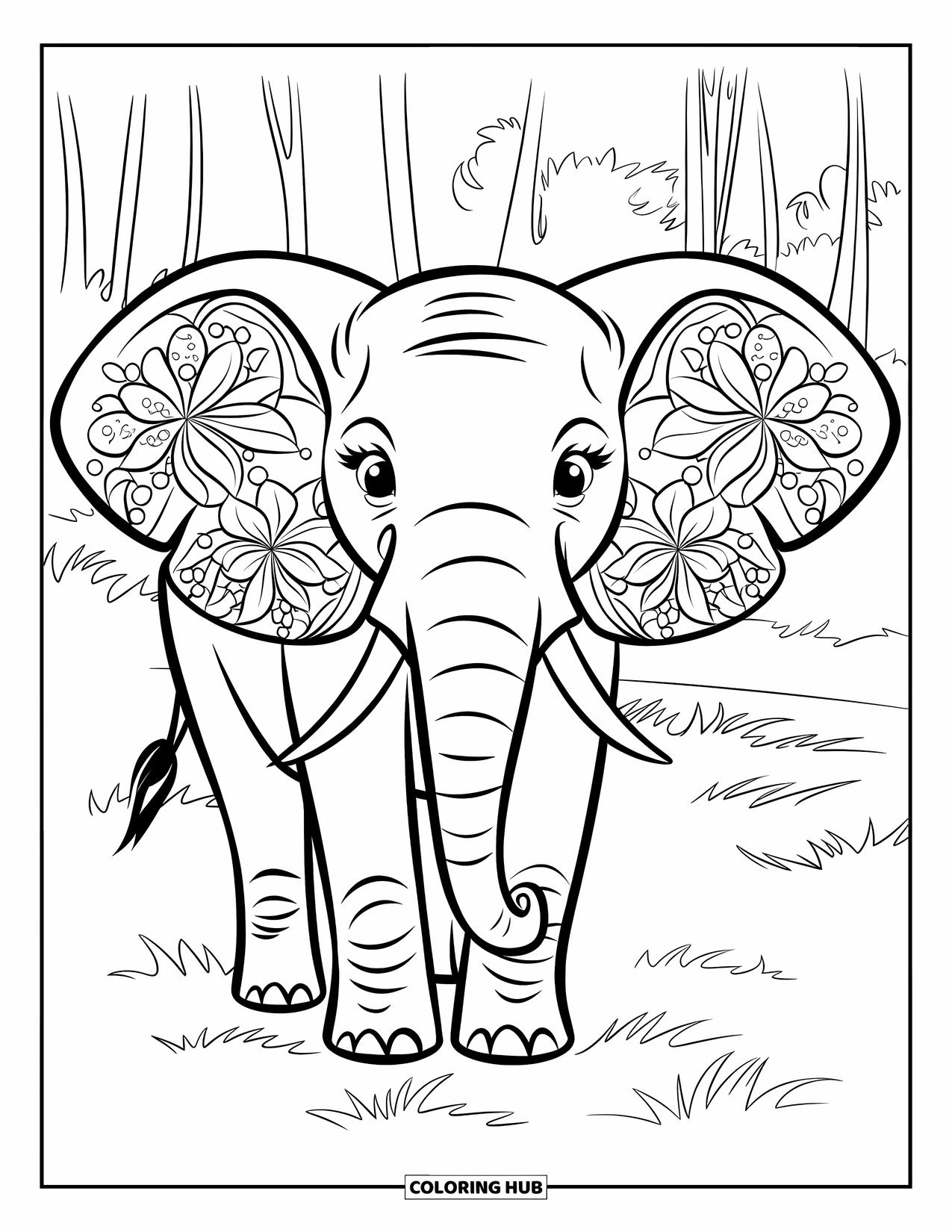 Kolorowanka ze słoniem dla dzieci: Słoń z uszami w kwiatowe wzory stoi wdzięcznie na spokojnej łące