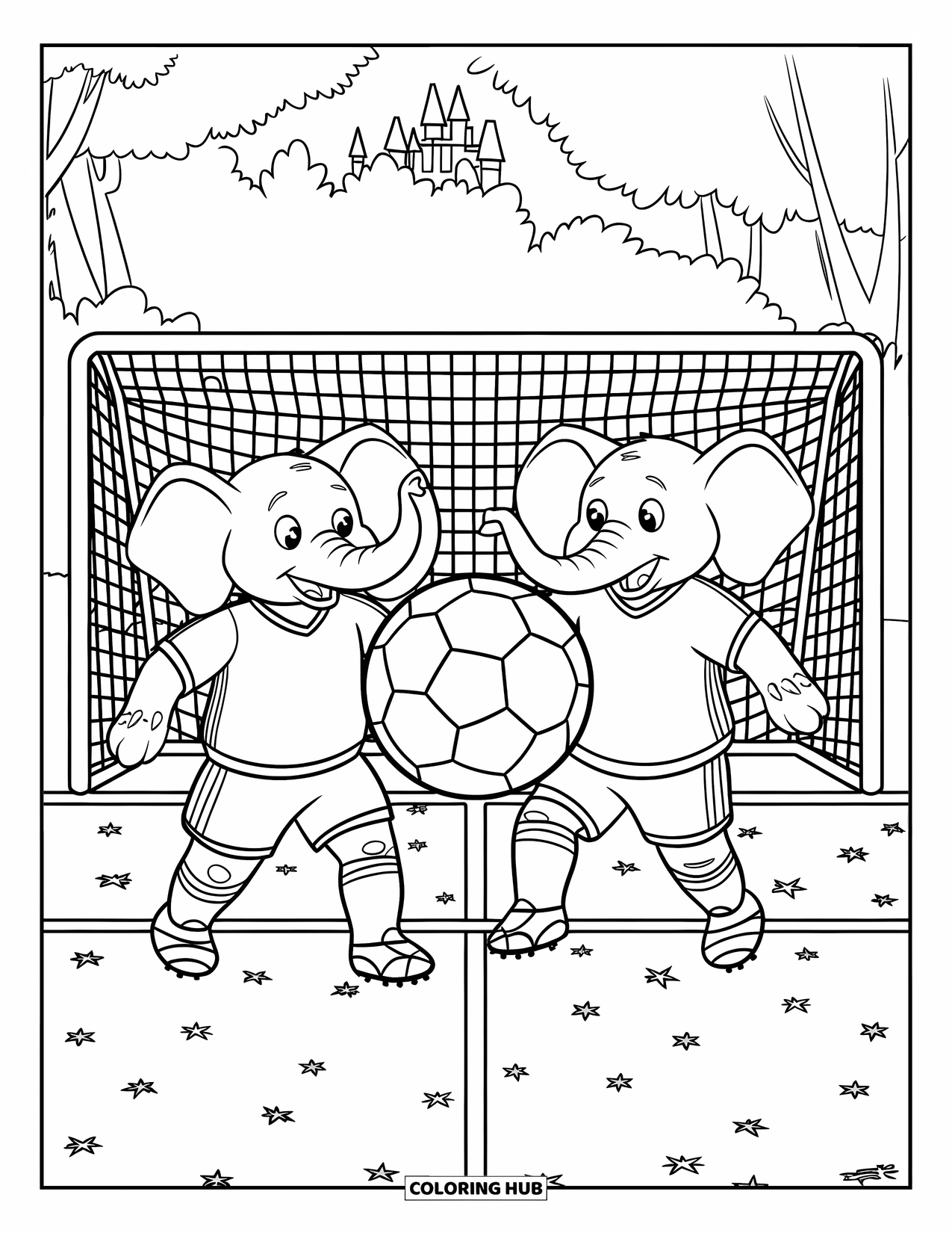 Kolorowanka ze słoniem dla dzieci: Słonie w koszulkach grają w piłkę nożną na boisku z siatkową bramką za nimi