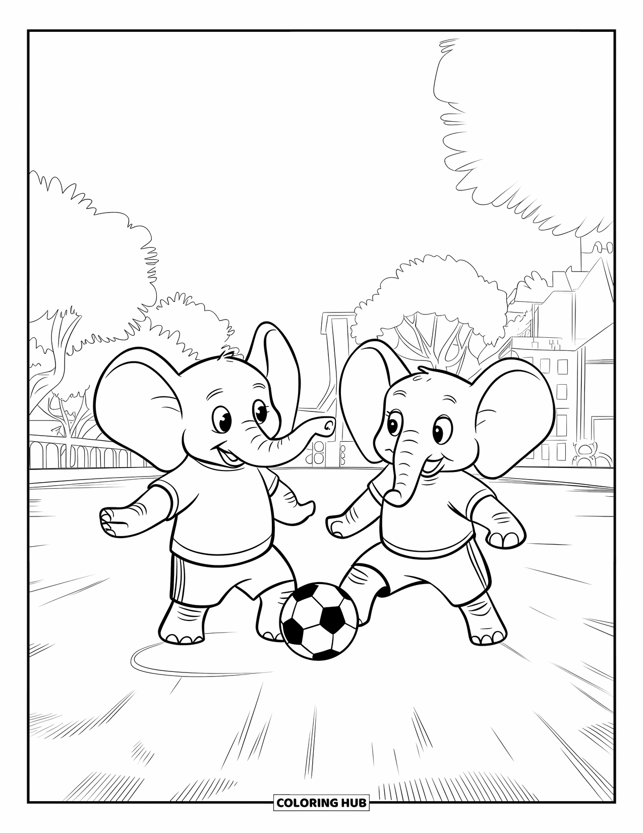 Kolorowanka ze słoniem dla dzieci: Dwa słonie z entuzjazmem grają w piłkę nożną na trawiastym polu z drzewami w tle