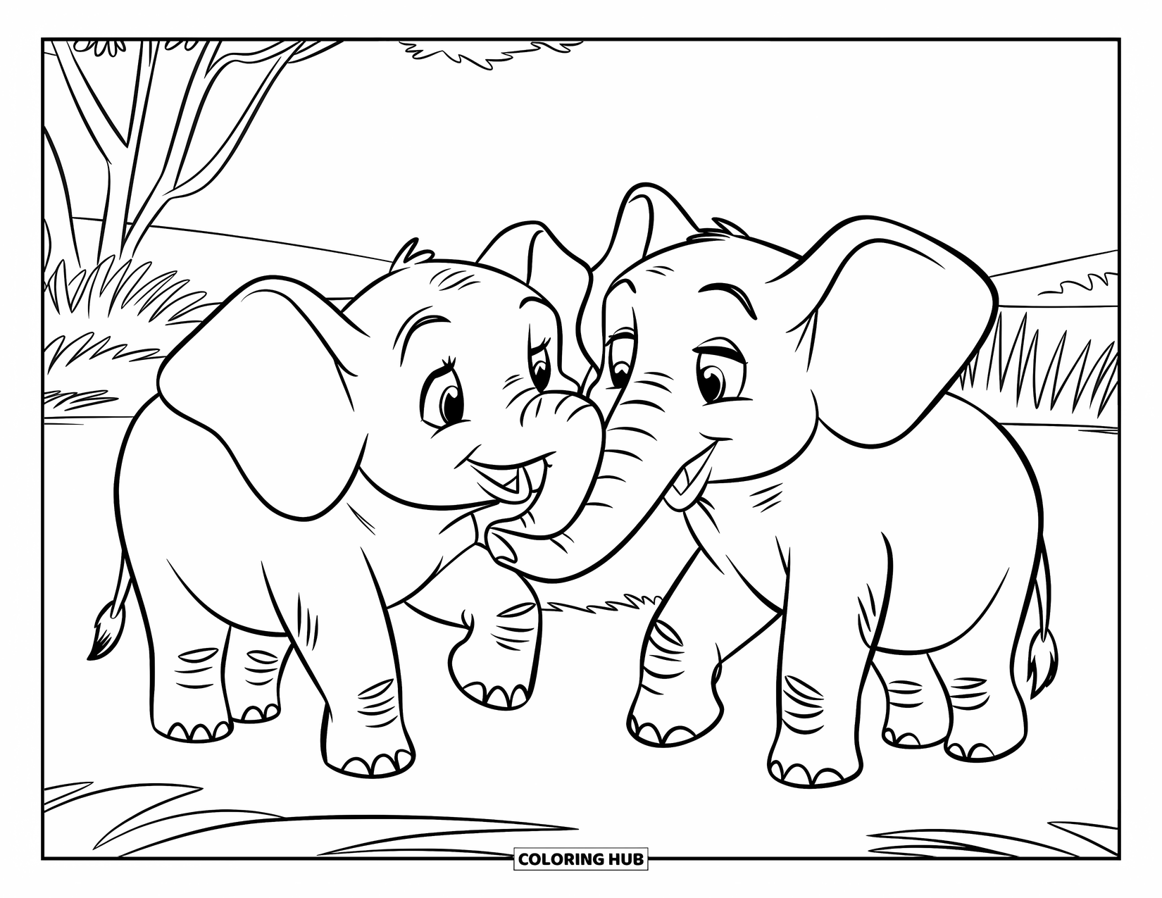 Kolorowanka ze słoniem dla dzieci: Dwa słonie na sawannie dotykają się trąbami w zabawny sposób, otoczone złotą trawą