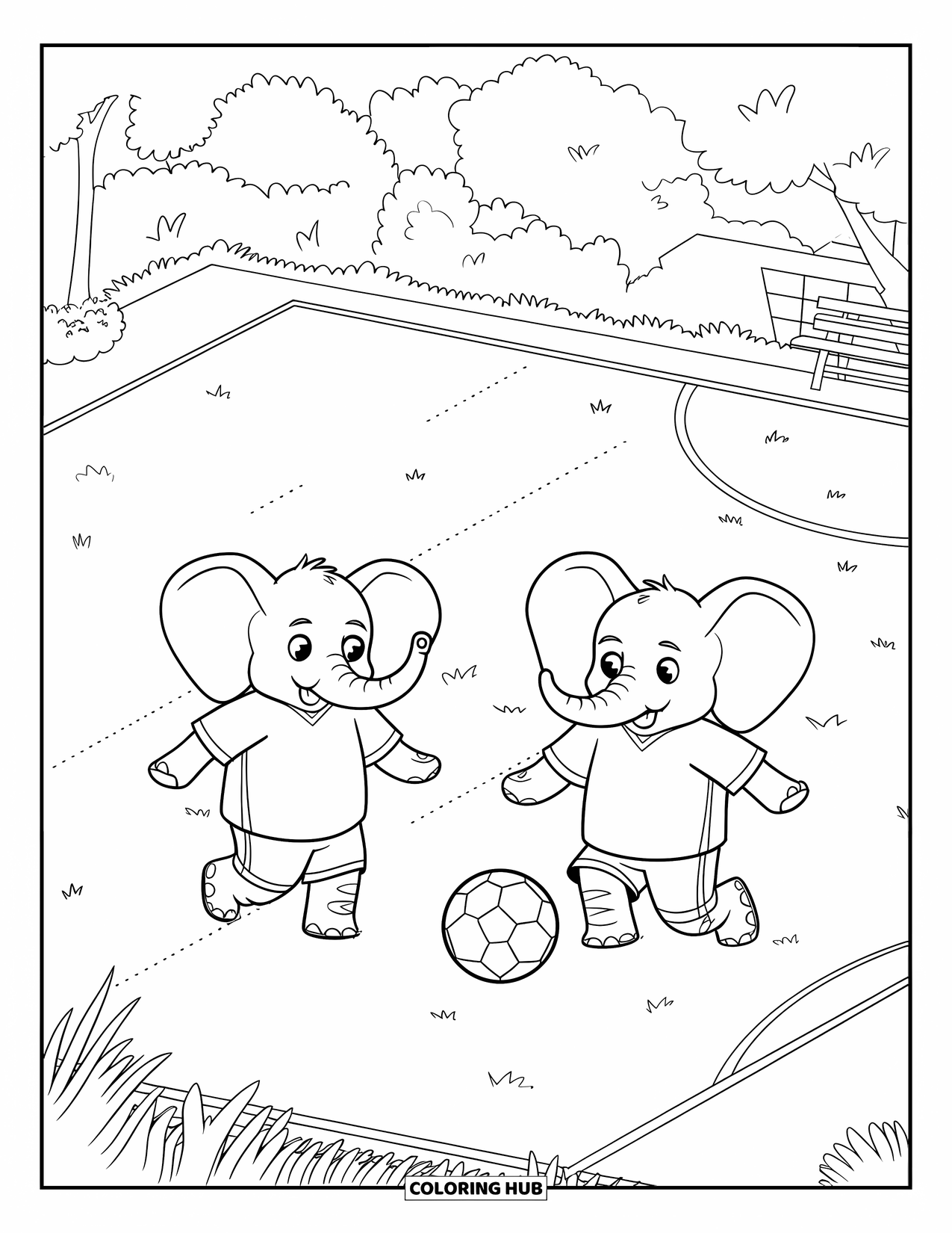 Kolorowanka ze słoniem dla dzieci: Dwa słonie kopią piłkę nożną w zabawnym meczu na słonecznym polu