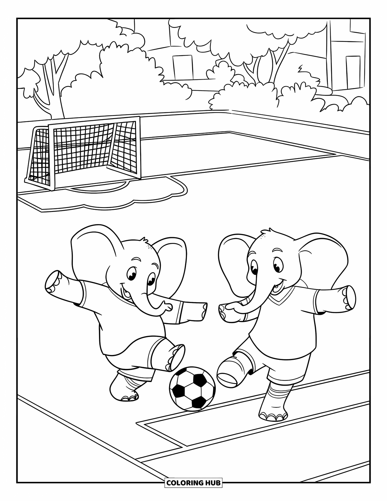 Kolorowanka ze słoniem dla dzieci: Dwa słonie grają w piłkę nożną, jeden kopie piłkę, a drugi broni bramki