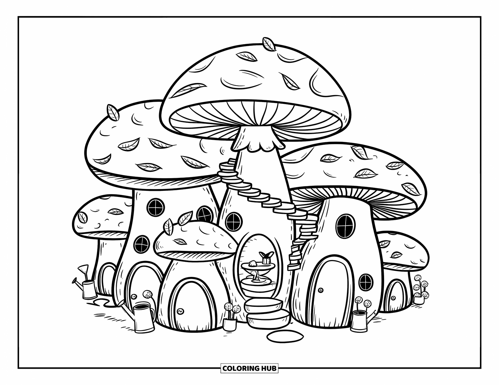 Feeënhuis Kleurplaat voor Volwassenen: Een cluster van kleine paddenstoelenhuisjes met ronde ramen, groene daken en gezellige feeërieke details