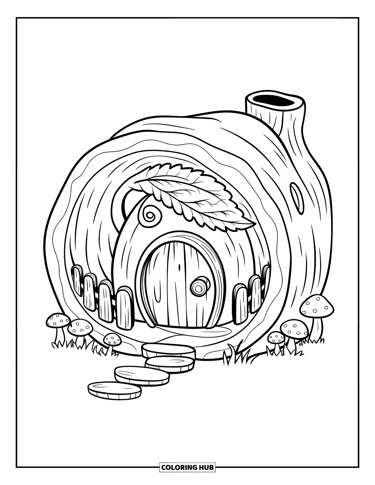 Feeënhuis Kleurplaat voor Volwassenen: Een gezellig feeënhuis in een holle boomstam, omringd door paddenstoelen en een klein houten hek