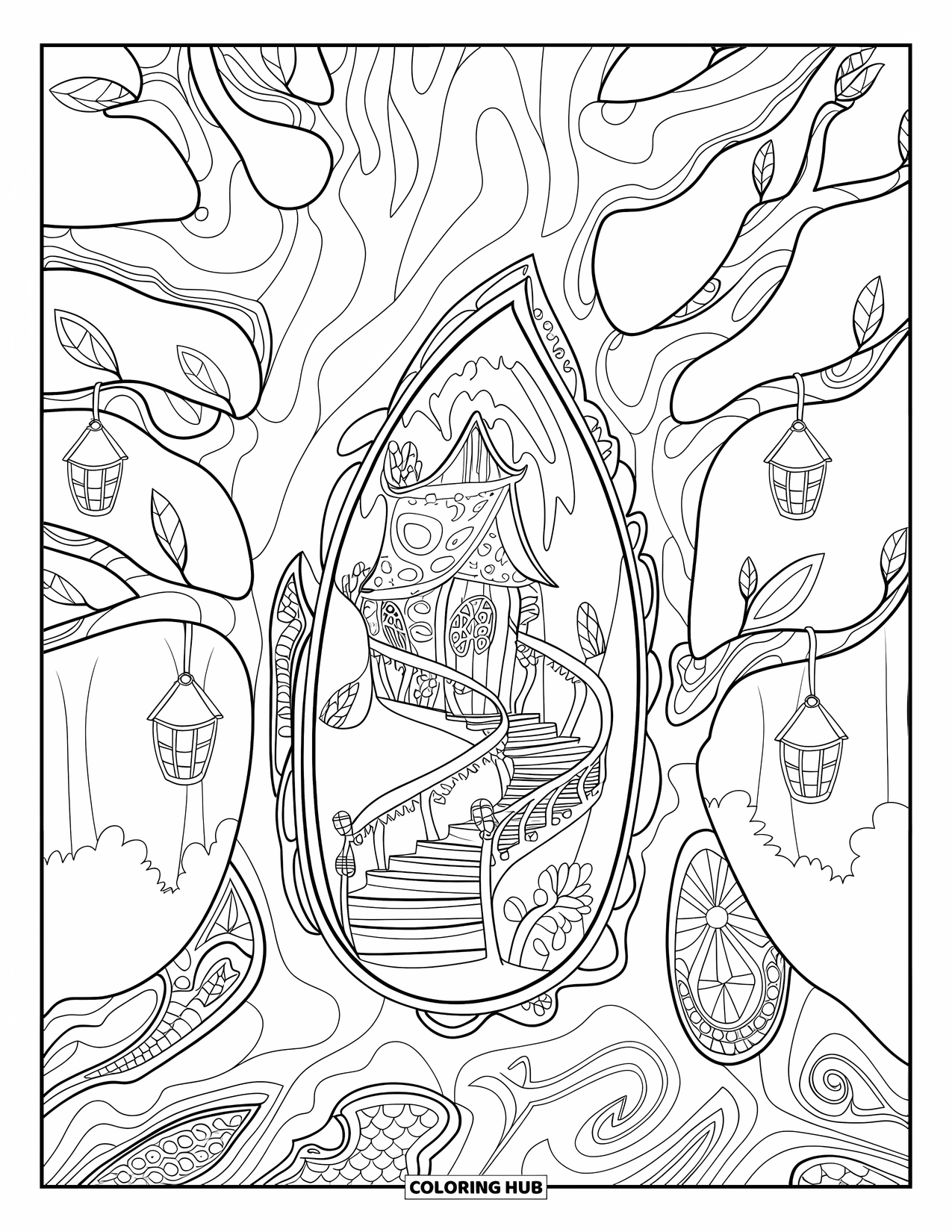 Feeënhuis Kleurplaat voor Volwassenen: Een gezellig boomhut-feeënhuis met krullende trappen en lantaarns die de takken verlichten
