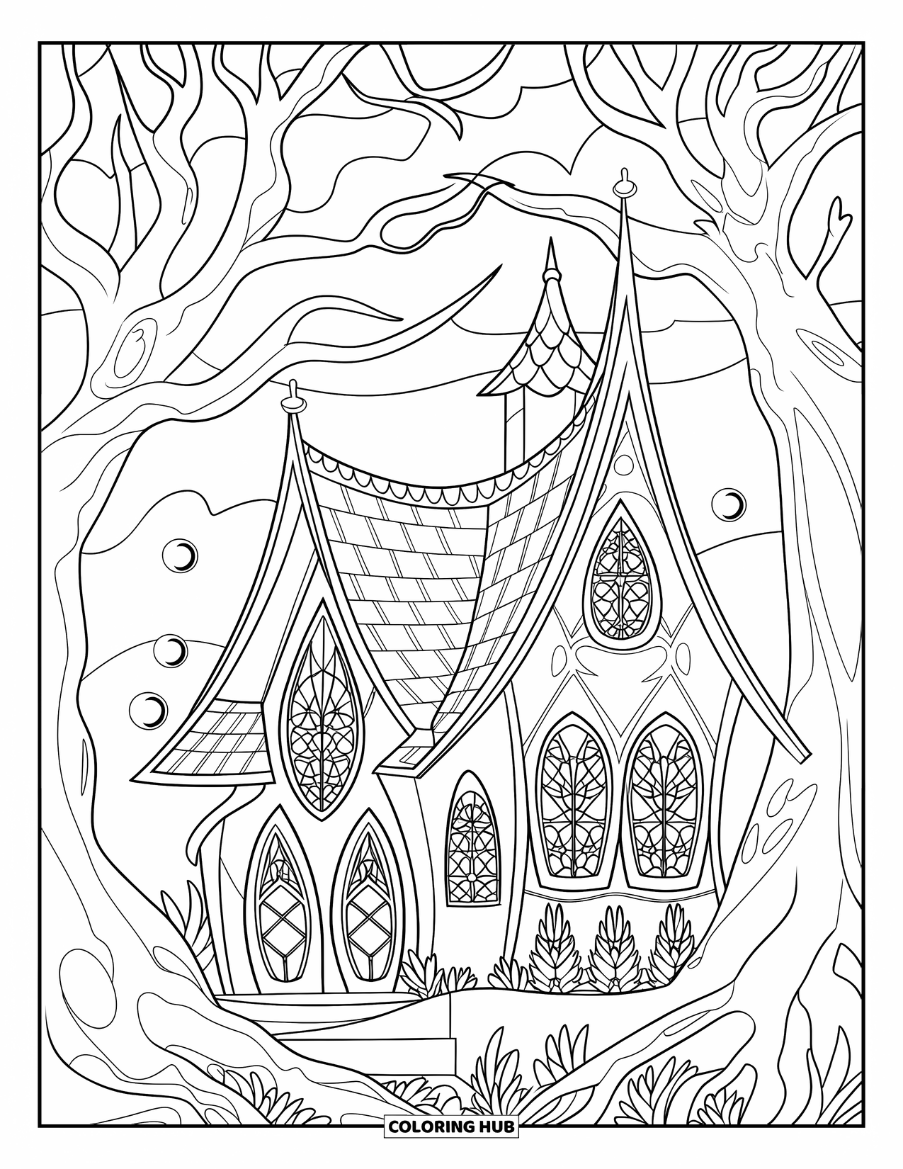 Feeënhuis Kleurplaat voor Volwassenen: Een donker feeënhuis met ingewikkelde glazen ramen, zwevende bollen en een bewolkte nachthemel