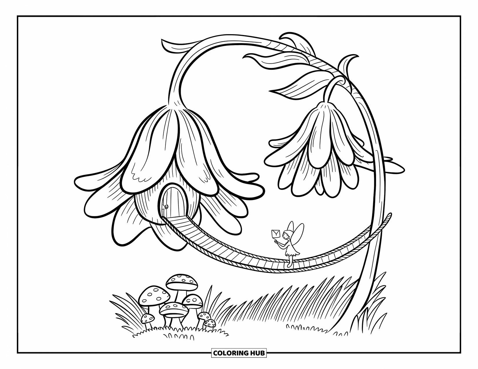 Feeënhuis Kleurplaat voor Volwassenen: Een delicaat feeënhuis in een klokjesbloem, verbonden met een ander door een touwbrug