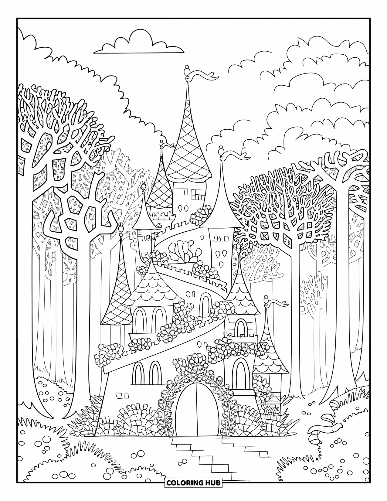 Feeënhuis Kleurplaat voor Volwassenen: Een dromerig feeënkasteel verborgen in een dicht bos met gedetailleerde patronen en bogen